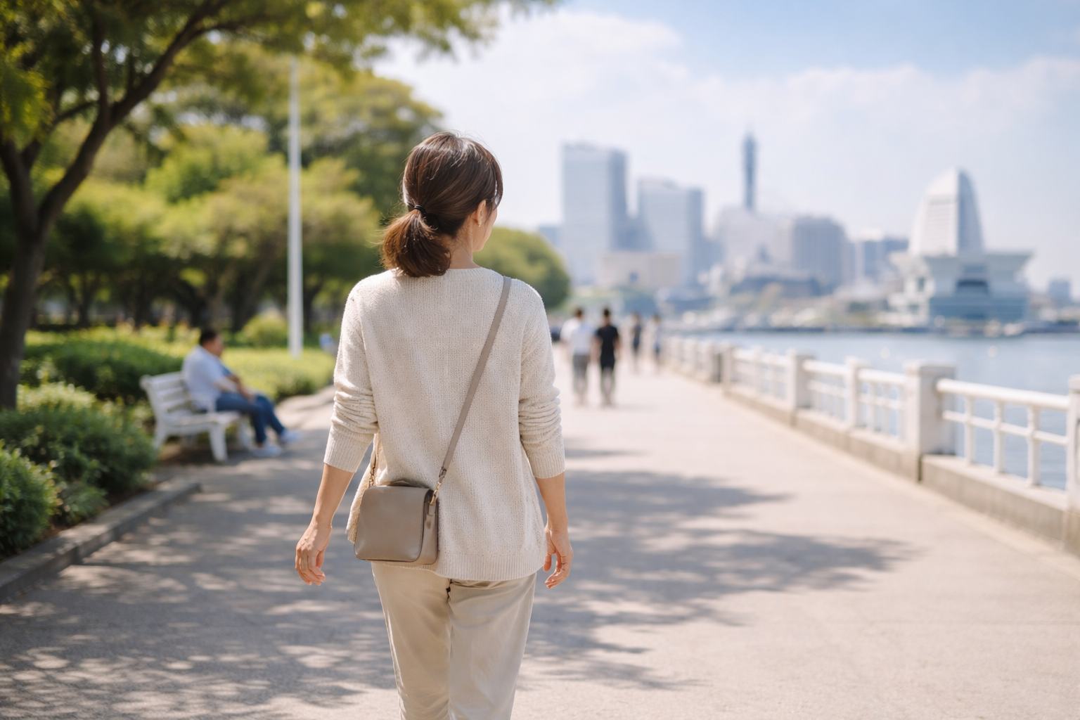 無理せず自分らしい服選びを楽しむ40代女性の後ろ姿